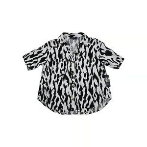 Rachel Roy Women's Small Blouse Linen Blend Button Up Black White Animal Print